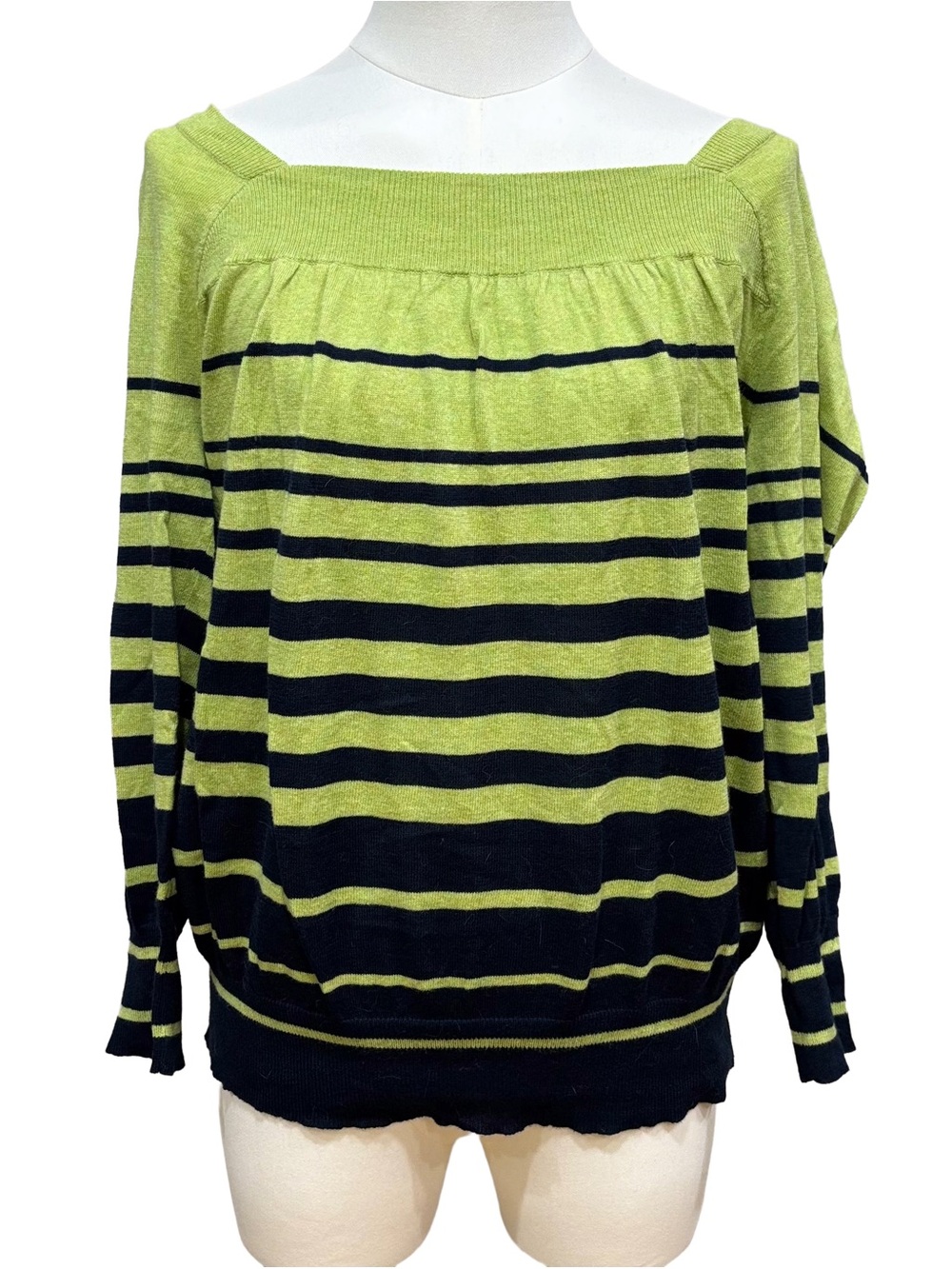 BANANA REPUBLIC Navy/Lime green striped sweater, squared neckline, 100% cotton